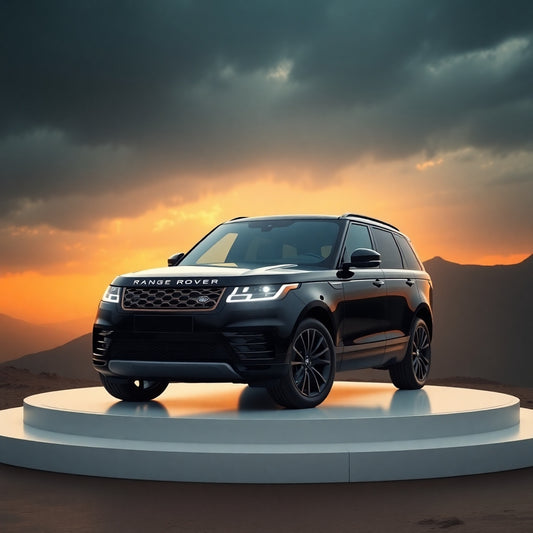 Range Rover noir, magnifiquement détaillé et protégé, sur un podium sous un ciel dramatique. Finition impeccable grâce au detailing premium de KhylWash à Faimes (Liège) : protection céramique, polissage et nettoyage intérieur haut de gamme pour une brillance et une protection longue durée.