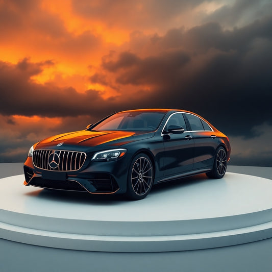 Mercedes noire sur podium avec ciel orangé, reflétant une finition brillante après un detailing premium. KhylWash, expert en nettoyage intérieur, protection céramique et polissage automobile à Faimes (Liège), offre un service haut de gamme pour sublimer votre véhicule.